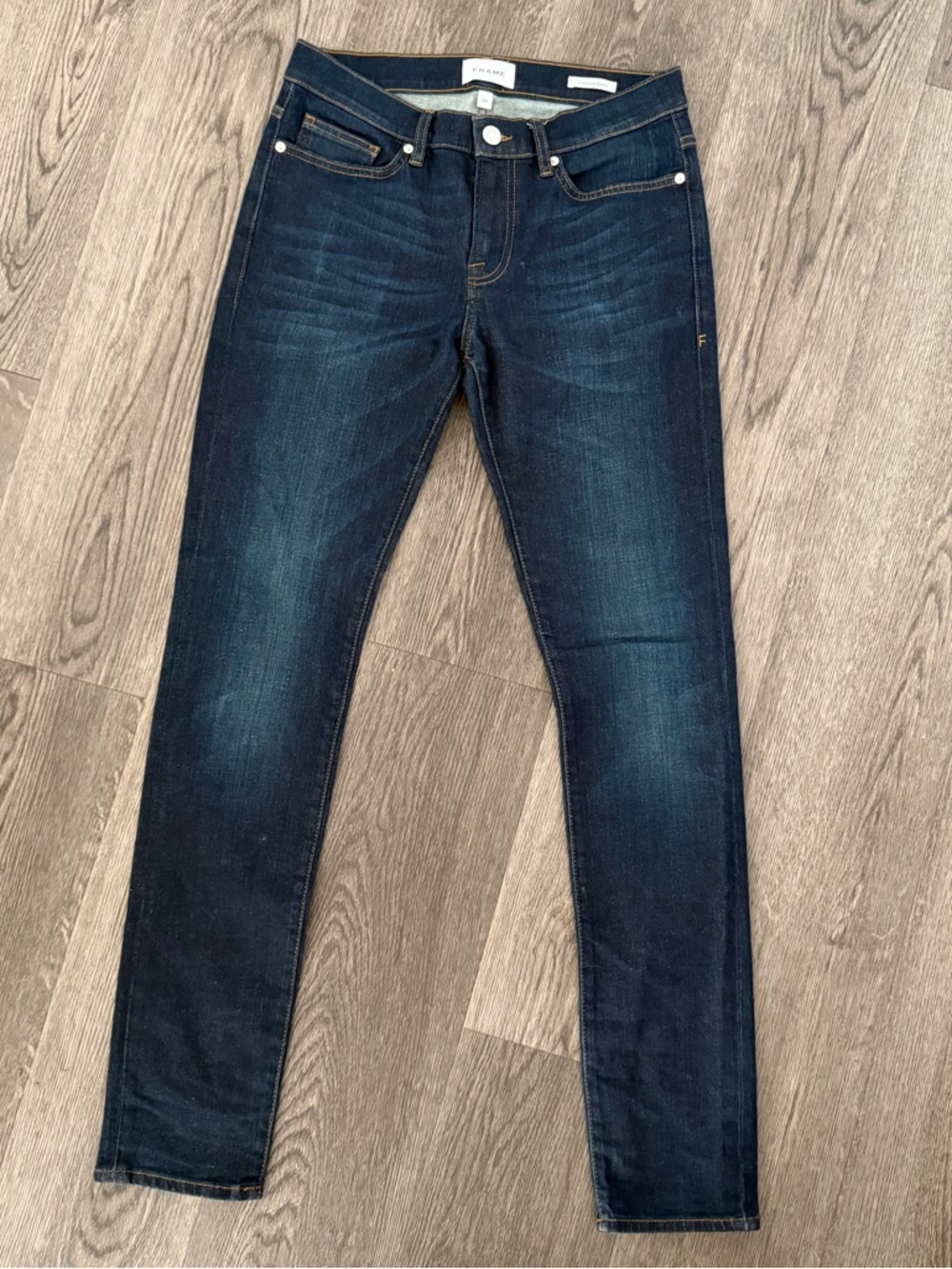 Frame Denim L’Homme Skinny Jeans in Sierra Dark Wash, Stretchy Denim, Mid Rise